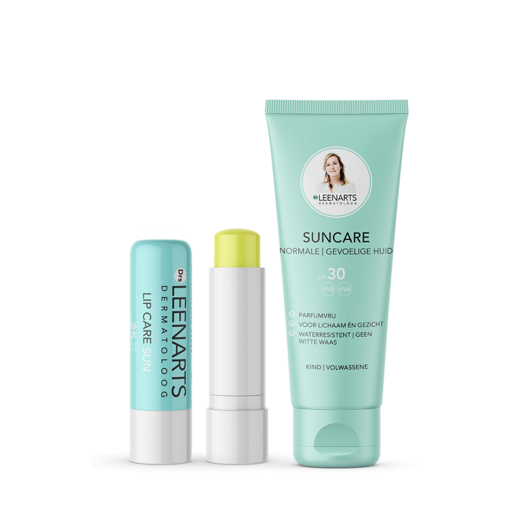 Packshot Drs Leenarts tube Suncare SPF30 en lipcare Sun SPF25.