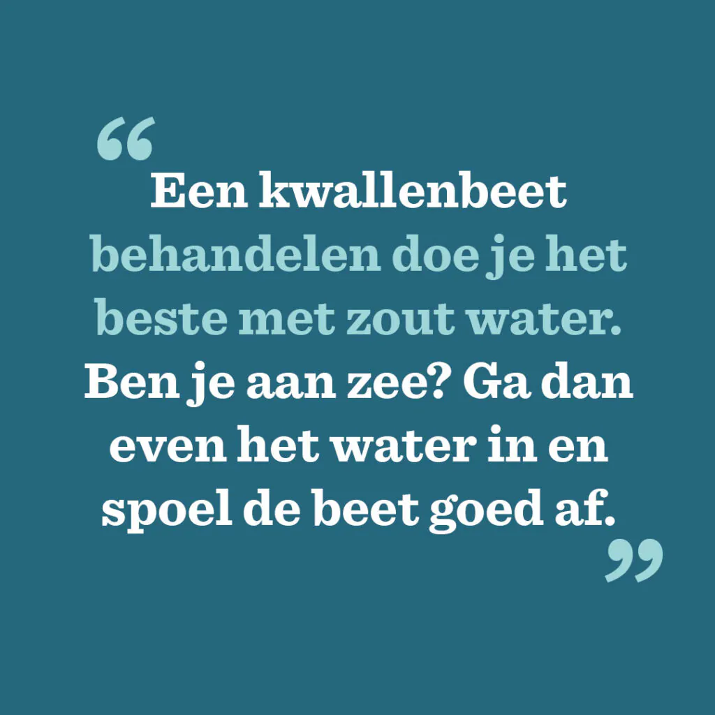 Een kwallenbeet behandelen doe je het beste met zout water. Ben je aan zee? Ga dan even het water in en spoel de beet goed af.