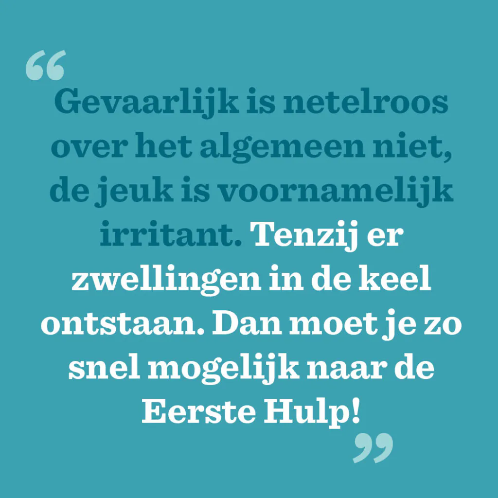 Gevaarlijk is netelroos over het algemeen niet, de jeuk is voornamelijk irritant. Tenzij er zwellingen in de keel ontstaan. Dan moet je zo snel mogelijk naar de Eerste Hulp!